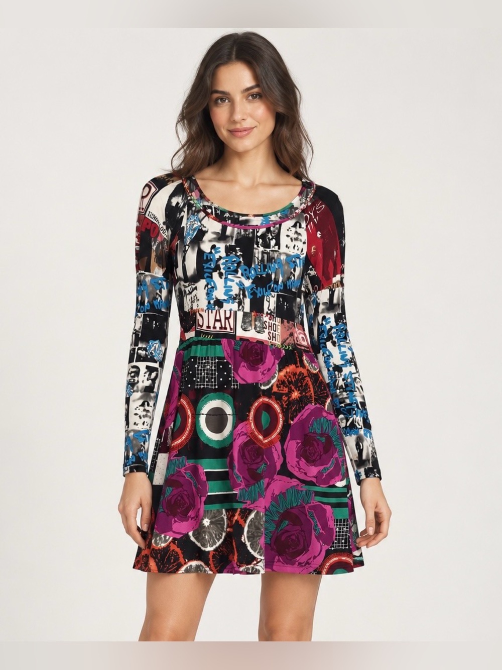 FORLA PARIS Women’s Small Multicolor Graphic Floral Long Sleeve Mini Dress